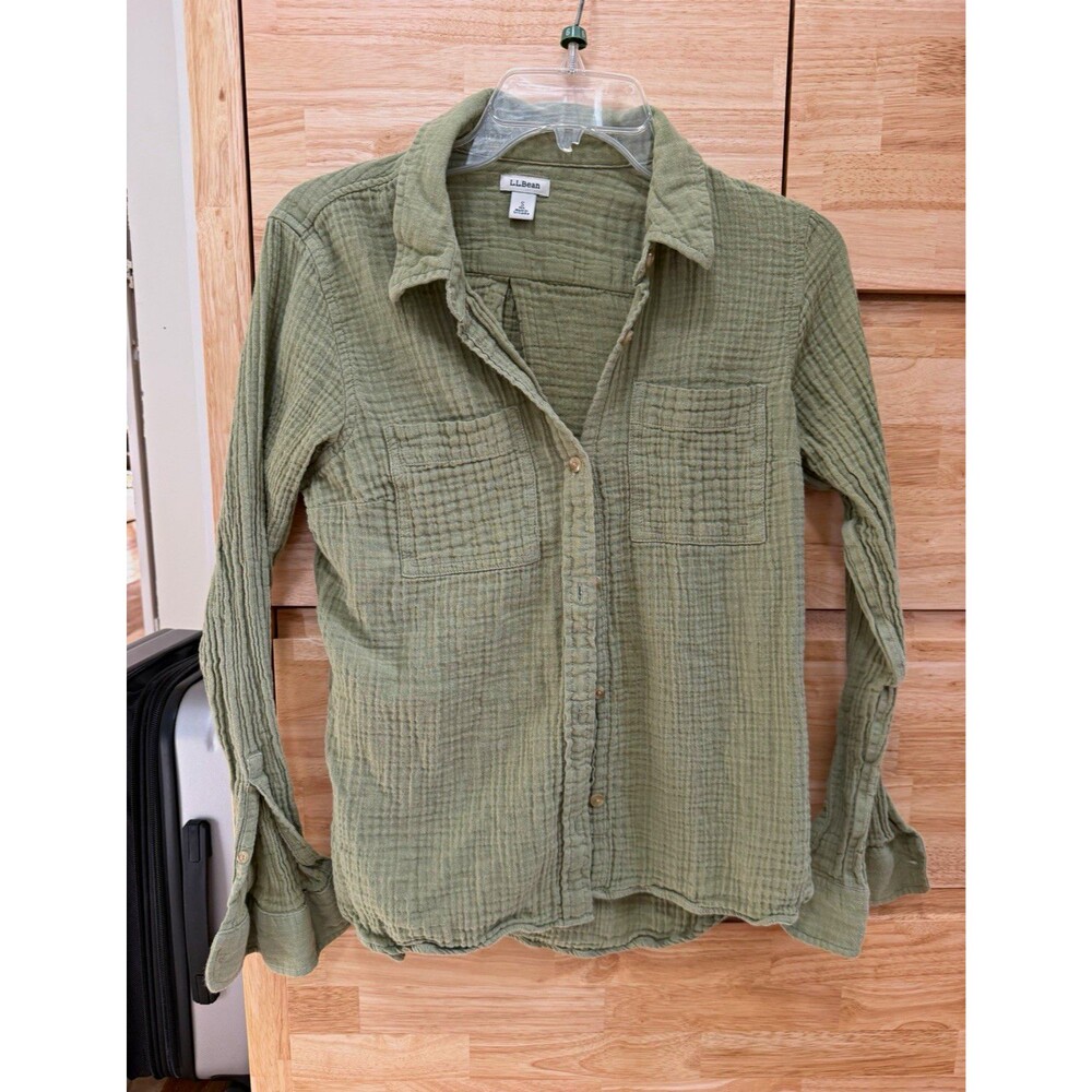 L.L.Bean Men's Green Solid Cotton Woven Long Sleeve Point Collar Button-Up S